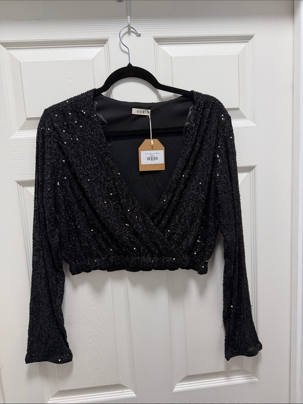 KORI Black Sequin Wrap Crop Top with Long Sleeves
